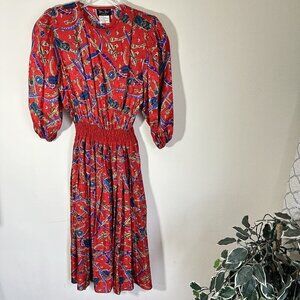 VTG 70’S 80'S DIANE FREIS GEORGETTE SMOCKED WAIST MAXI DRESS SILK RED Pleated